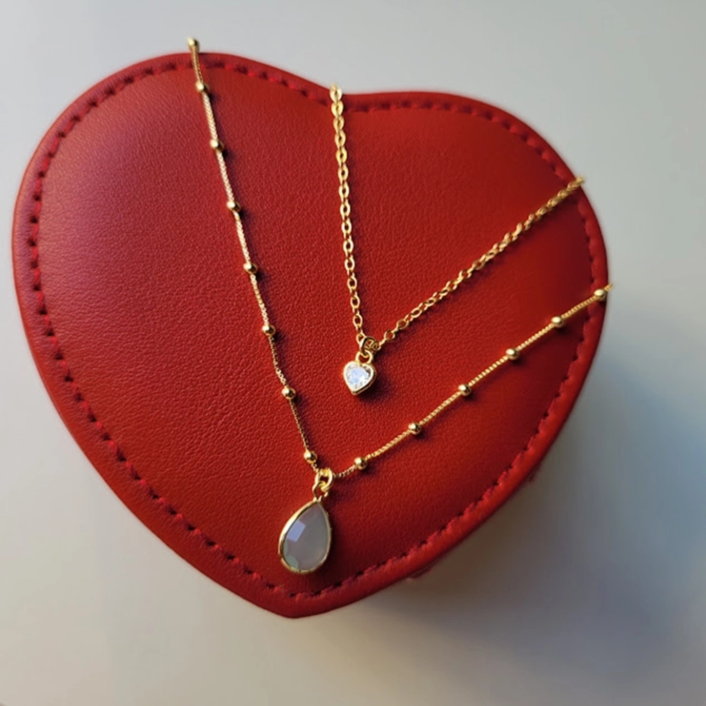 Colar Duplo com Coração Cristal e Gota Verde