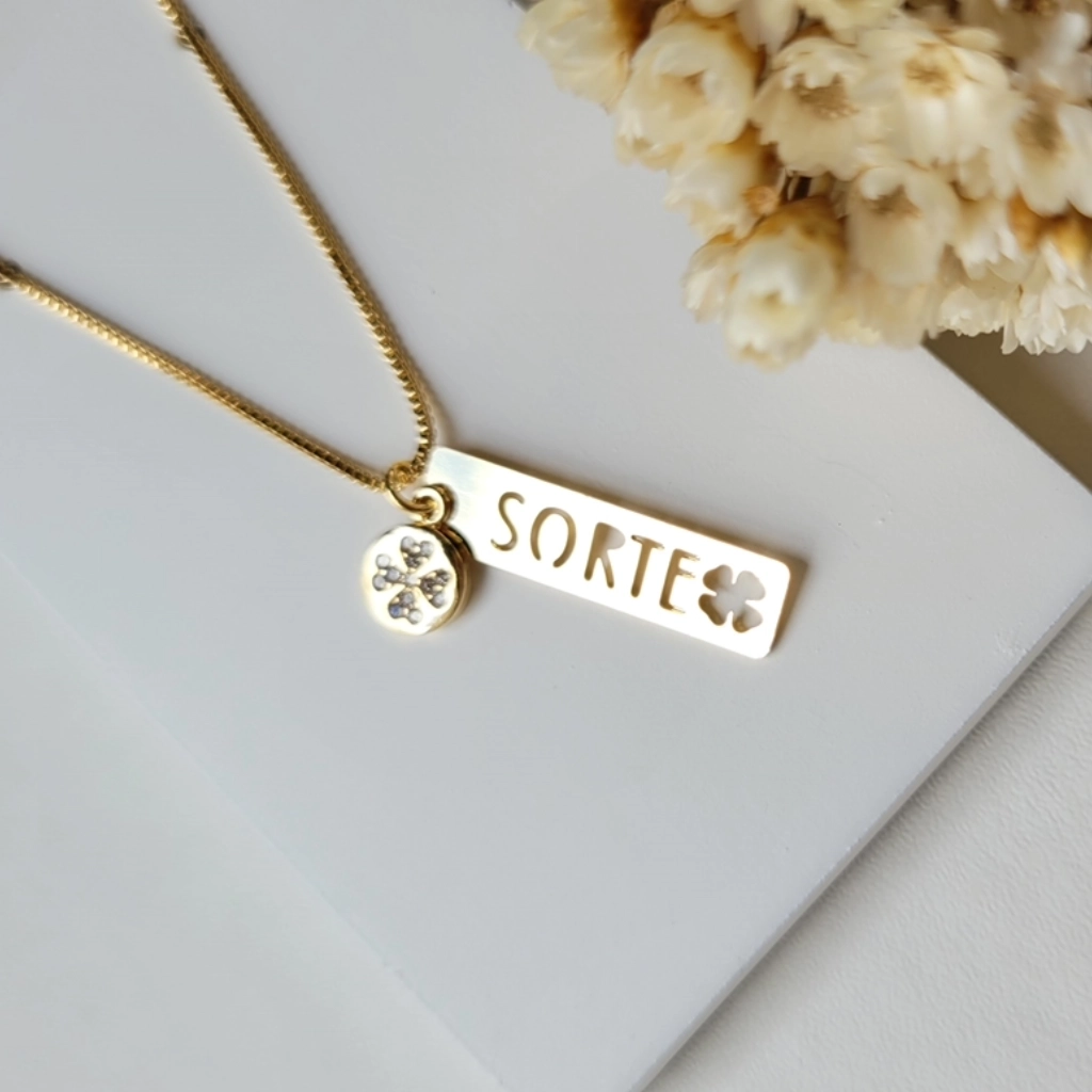 Colar Plaquinha Sorte e Trevo Cristal