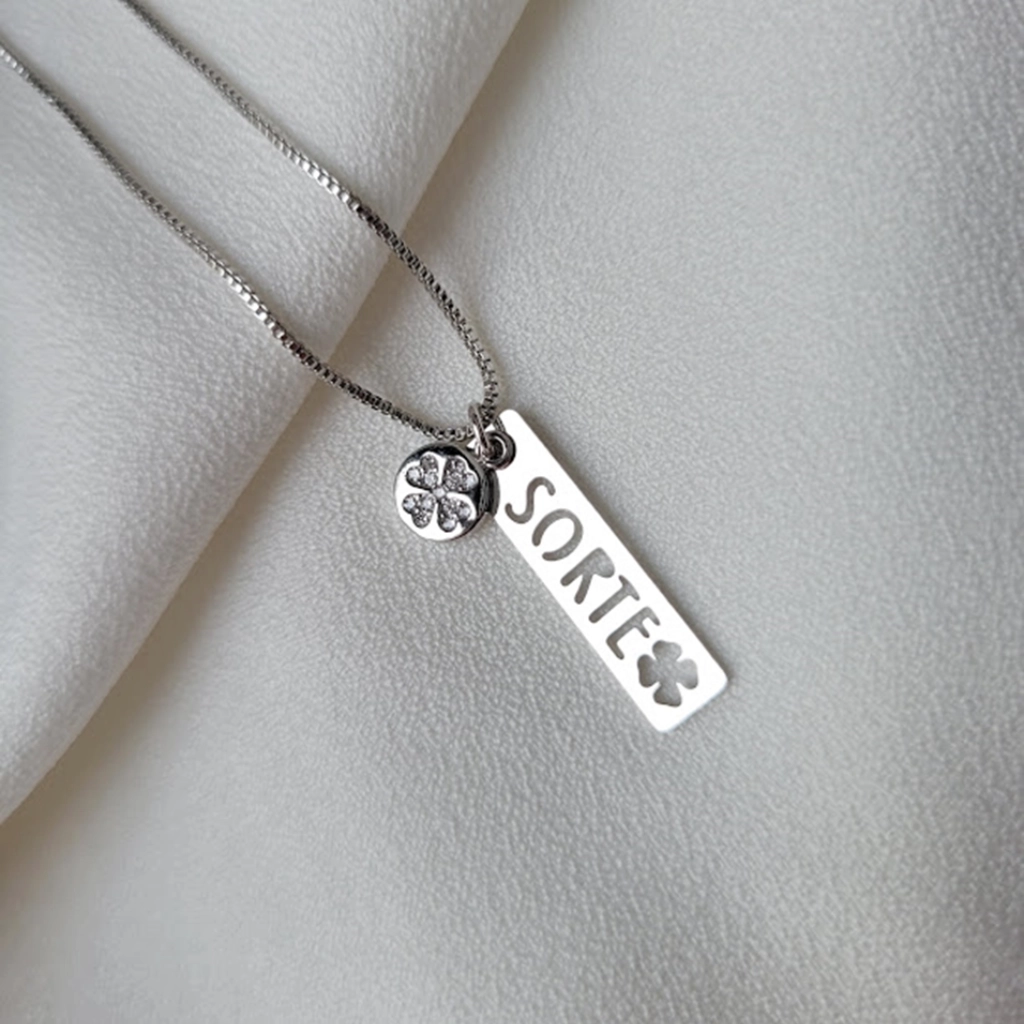 Colar Plaquinha Sorte e Trevo Cristal