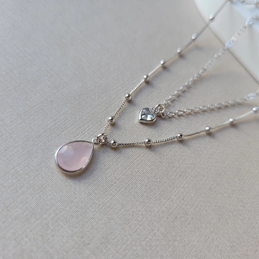 Colar Duplo com Coração Cristal e Gota Quartzo Rosa