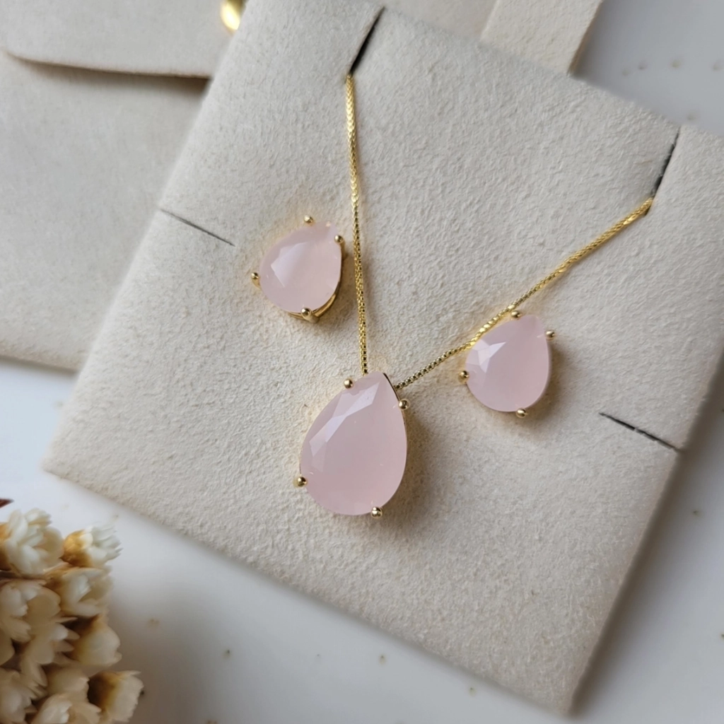 Conjunto Gota Quartzo Rosa