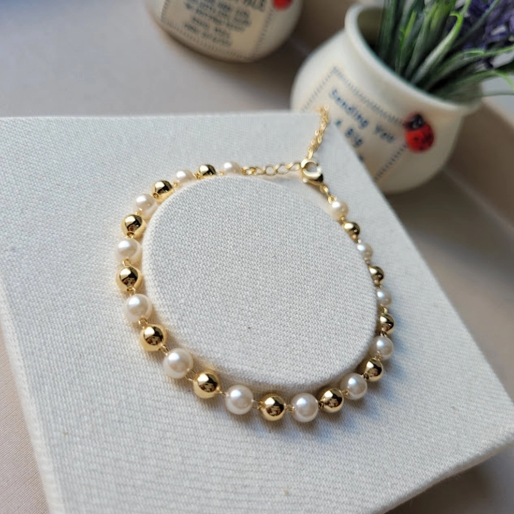 Pulseira Corrente Bolinhas e Pérolas