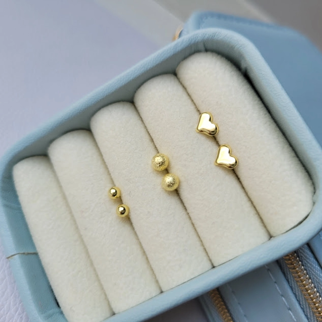 Trio de Brincos Coração, Bolinha Lisa e Bolinha Craquelada