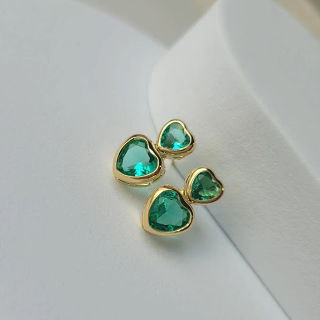 Brinco Duplo Coração e Fusion Turmalina Verde Paraíba