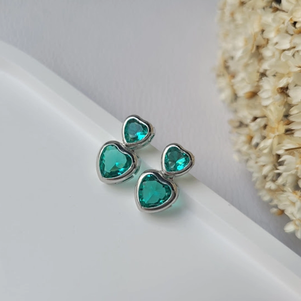 Brinco Duplo Coração e Fusion Turmalina Verde Paraíba